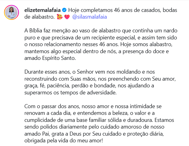 Pastora Elizete Malafaia celebra 46 anos de casada com declaração ao Pr. Silas Malafaia nas redes sociais. Em seu perfil no Instagram, a pastora compartilhou uma mensagem especial em comemoração às Bodas de Alabastro do casal.
