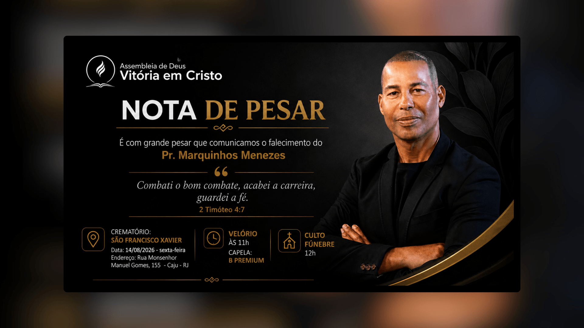 Nota de pesar: ADVEC comunica o falecimento do Pastor Marquinhos Menezes